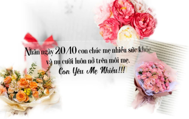 Nhân ngày 20/10 con chúc mẹ nhiều sức khỏe và nụ cười luôn nở trên môi mẹ. Con Yêu Mẹ Nhiều!