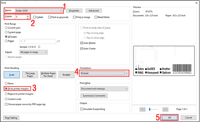 Thiết lập lệnh in trên file PDF
