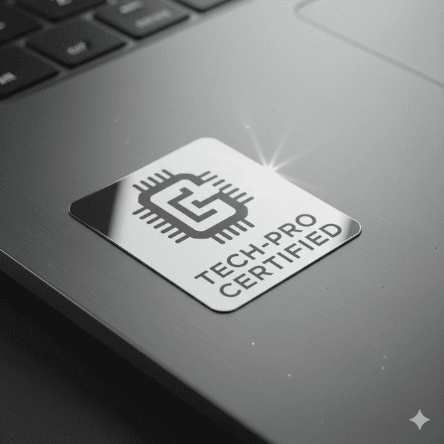 Decal xi bạc với bề mặt kim loại sáng bóng, thường được dùng cho tem thông số kỹ thuật trên các thiết bị điện tử