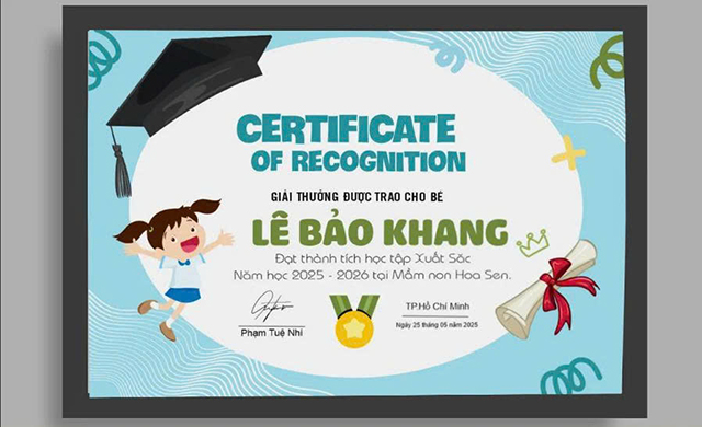 Giấy khen thưởng cho các bé tham gia cuộc thi