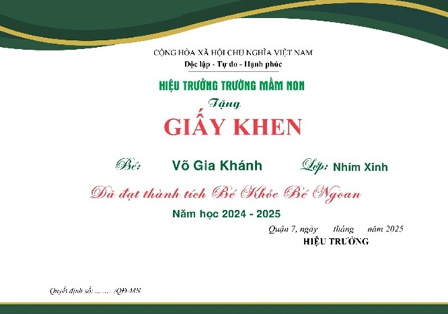 Mẫu giấy khen trường mầm non