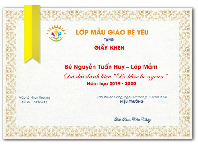 Mẫu giấy khen cho bé lớp mầm