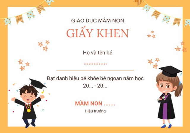 Mẫu giấy khen tổng kết năm học cho bé mầm non